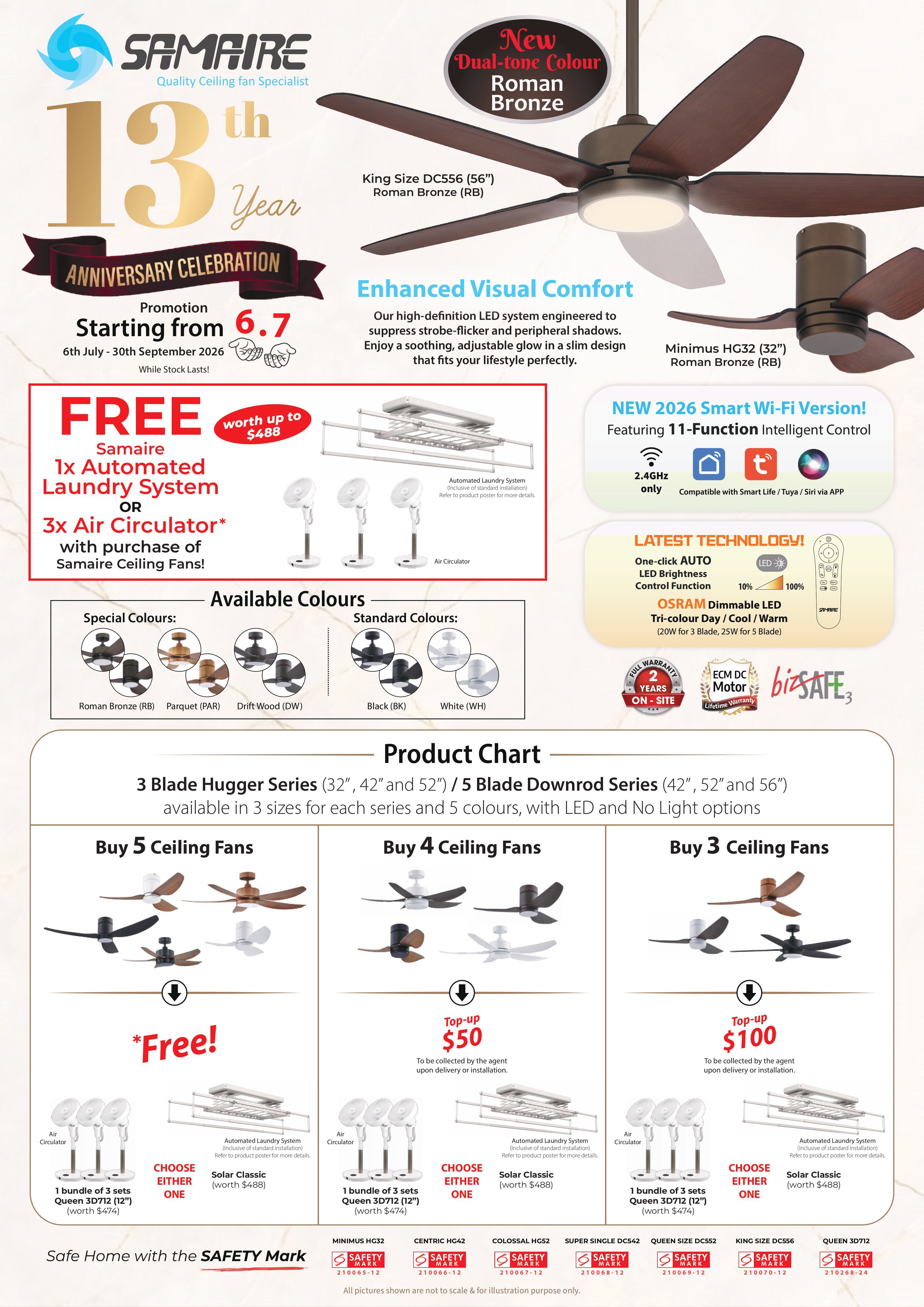 Samaire promotion 5 blades or Hugger fans Free air circulator or laundry system